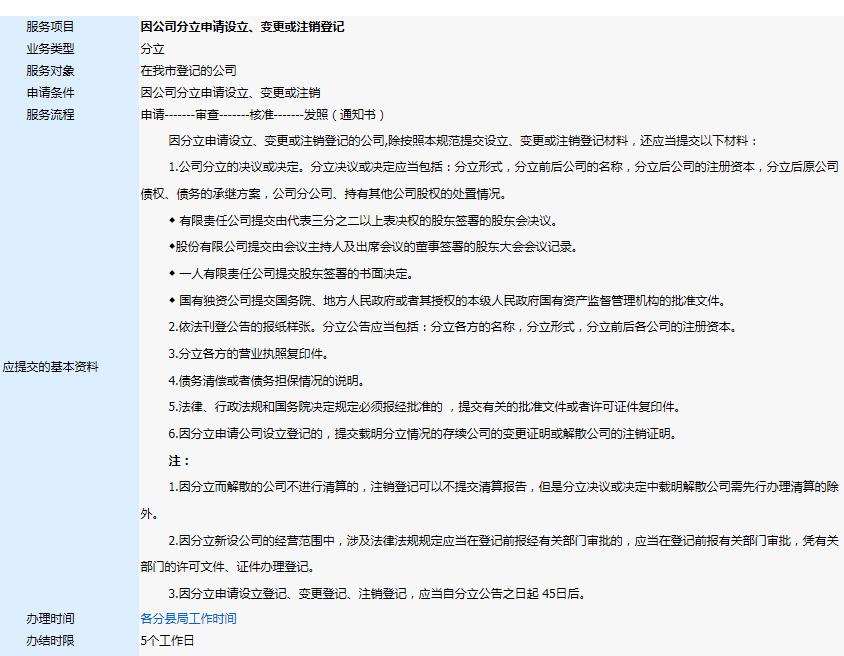 因公司分立申請設(shè)立、變更或注銷登記